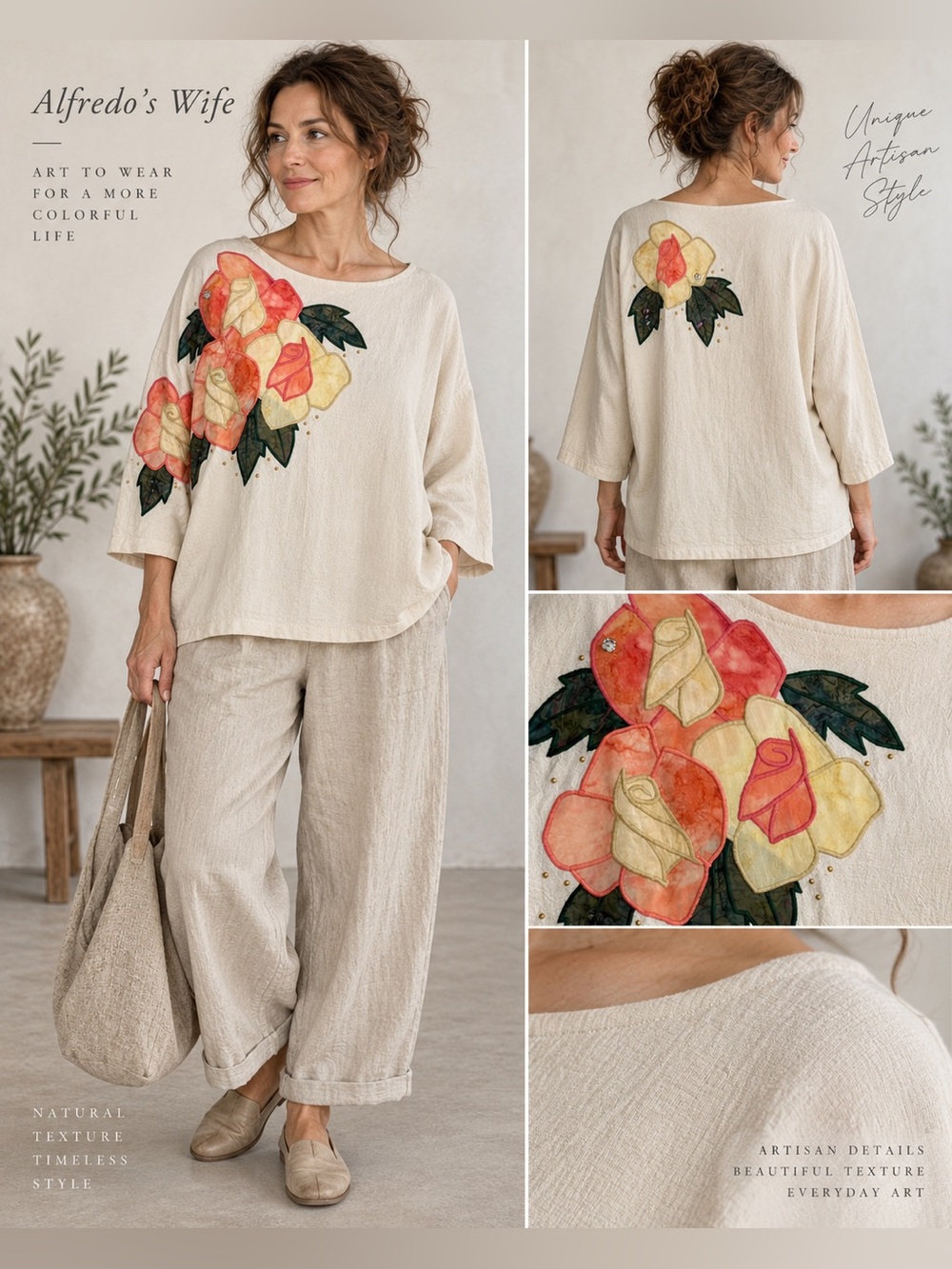 Alfredo’s Wife Art to Wear Floral Appliqué Oversized Top M Lagenlook Boho